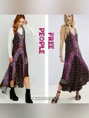 Intimately Free People Black Paisley High-Low Slip Dress with Purple Accents M